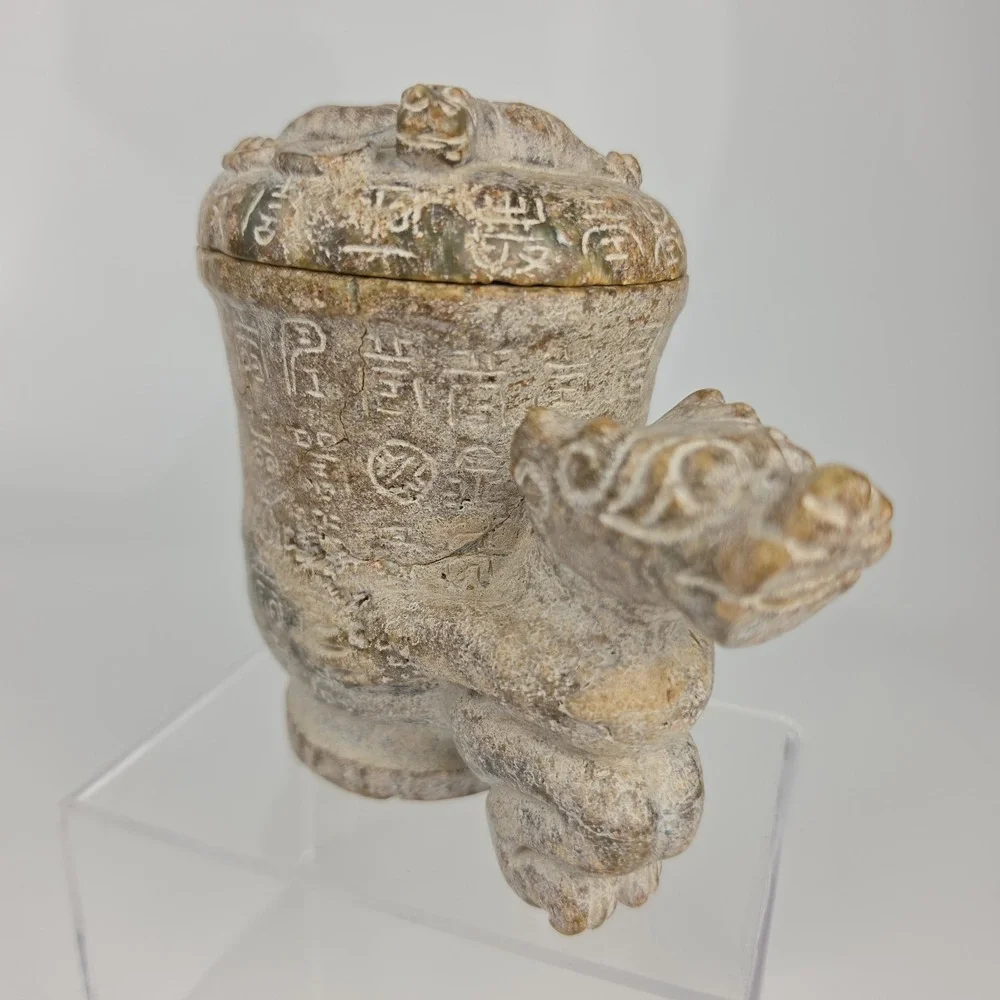 Chinese Carved Stone Gong Vessel Han Dynasty Style Dragon Lid Archaic READ